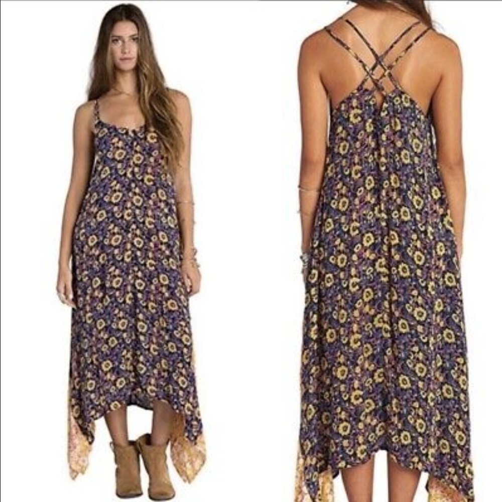 Billabong Floral Strappy Back Boho Maxi Dress Size M Split Hem